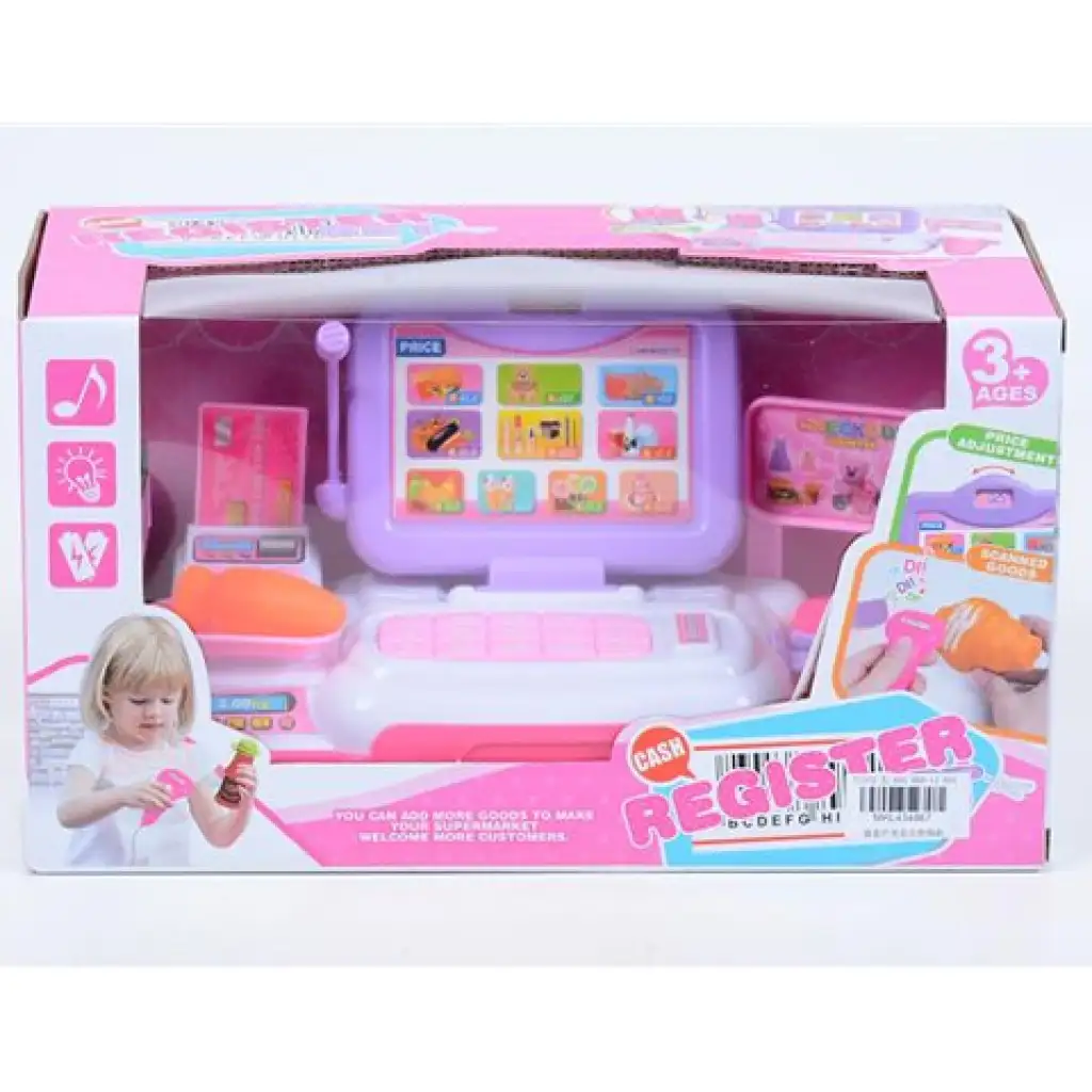 Lila Registrierkasse mit Barcodeleser, Licht und Ton