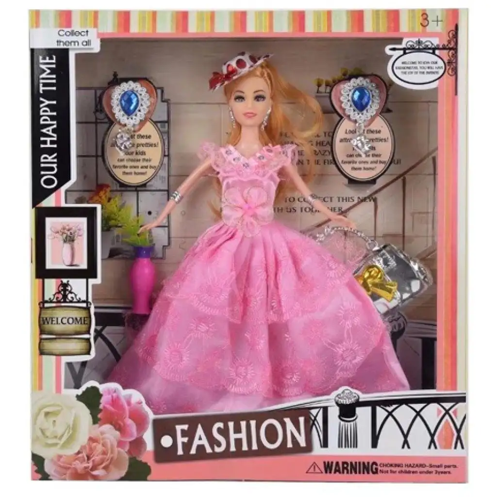 Fashion divatbaba kalappal, rózsaszín báli ruhában kiegészítőkkel 29cm kép 1