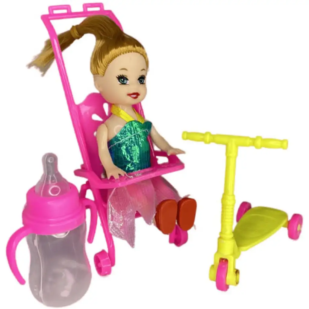 Katie: Sandra baba pink babakocsival, rollerrel és cumisüveggel 10cm kép 1
