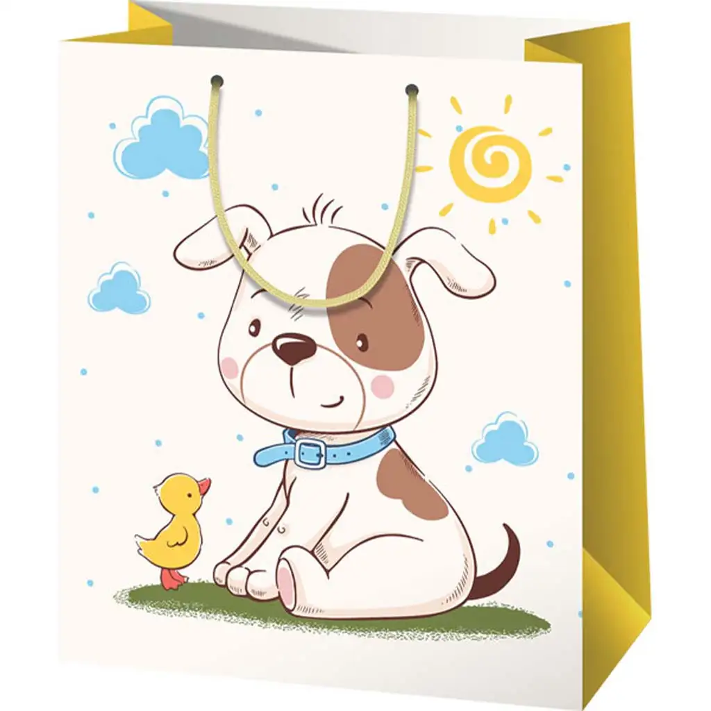 Eine große exklusive Geschenktasche mit dem Muster einer Freundschaft zwischen einem Hund und einem Küken, 27x14x33cm.