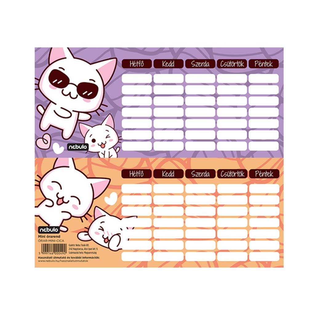 Nebulo: Katzenhaftes, einseitiges, beidseitig bedrucktes Mini-Stundenplan