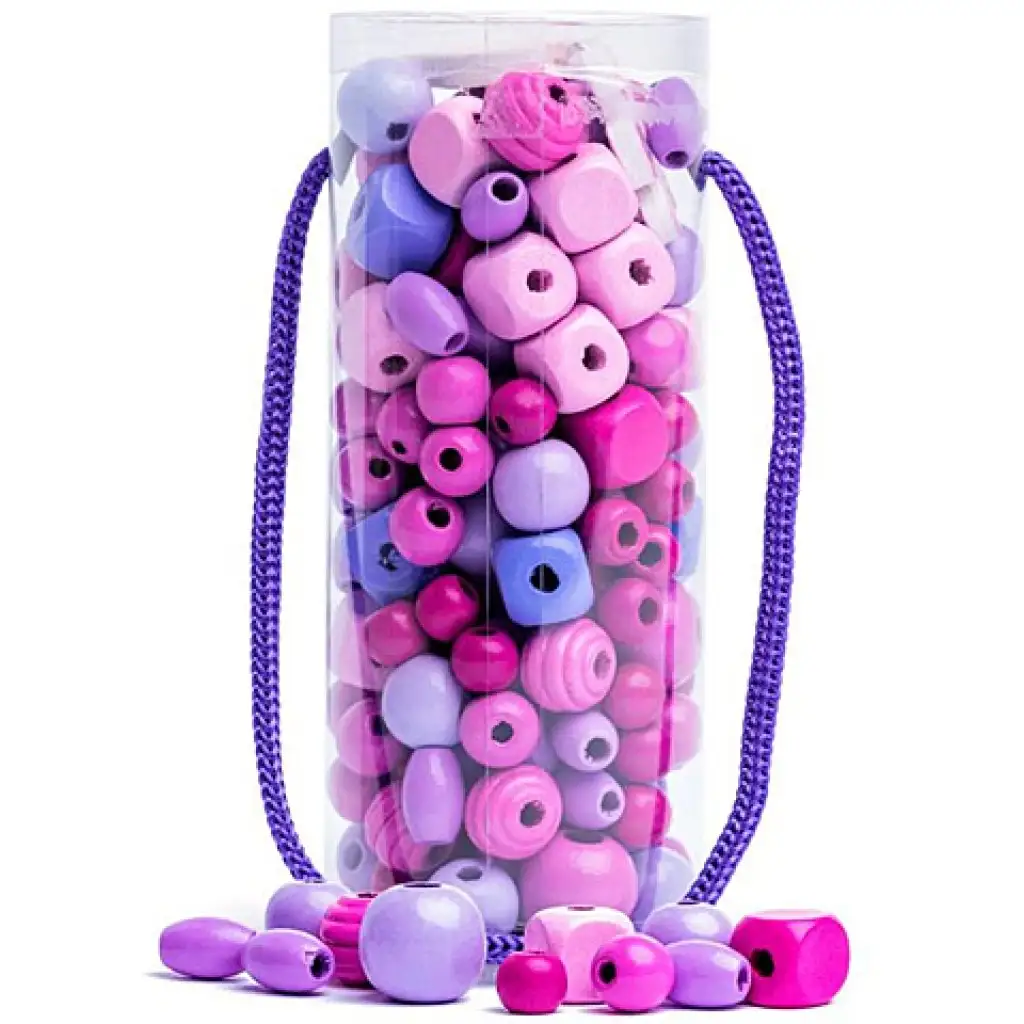 Rosa Holzperlen-Set im Behälter