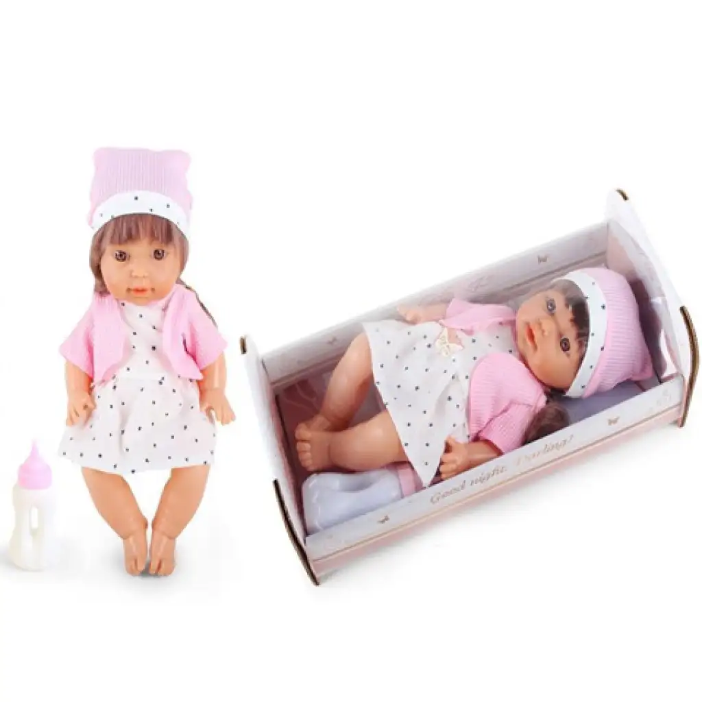 Pisilő baba csillagos ruhában hanggal és kisággyal 30cm kép 1