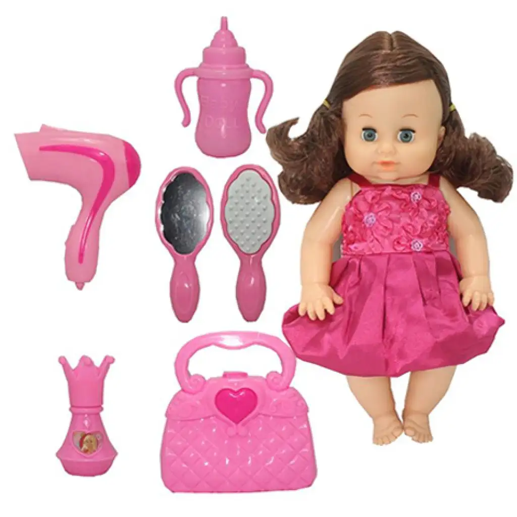 Dorina barna hajú 36cm-es pisilő baba fodrász készlettel, kiegészítőkkel és hang effektekkel kép 1