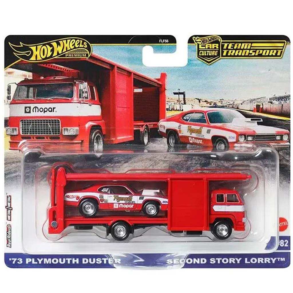 Hot Wheels: Second Story Lorry Premium Autotransporter und 73 Plymouth Duster Modellauto 1/64 – Mattel