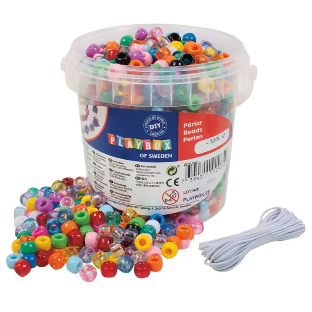 PlayBox: Pony Perlen in bunten und transparenten Farben im Eimer, 1000er Set mit 5m Schnur