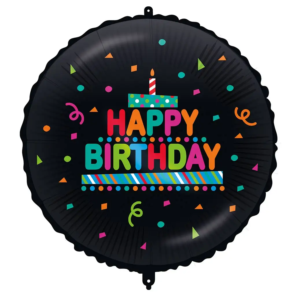 Geburtstags-Folienballon – mit „Happy Birthday“-Aufschrift, torten-konfetti, auf schwarzem Hintergrund, 46 cm