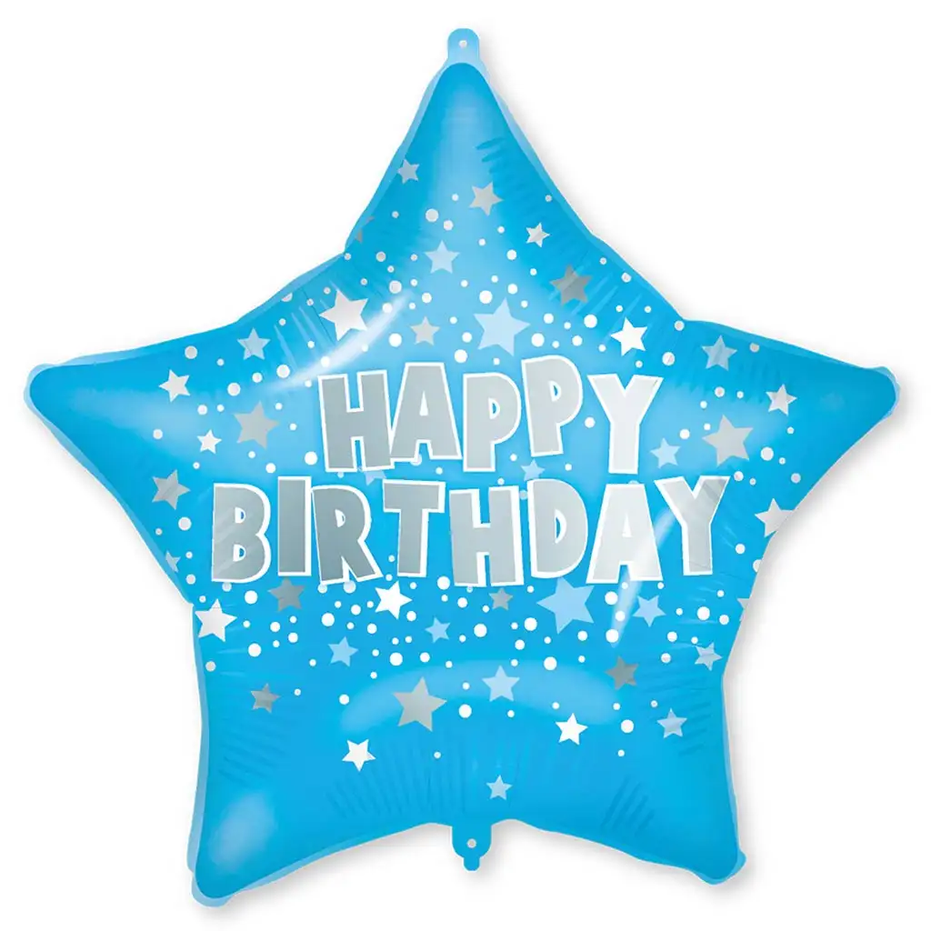 Szülinapi fólia lufi – Kék csillagos „Happy Birthday” felirattal 46cm kép 1