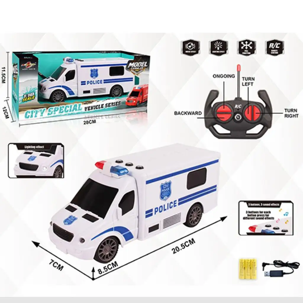 RC Távirányítós rendőr kisbusz fény és hang effektekkel 1:18-as méretarány 20cm kép 5