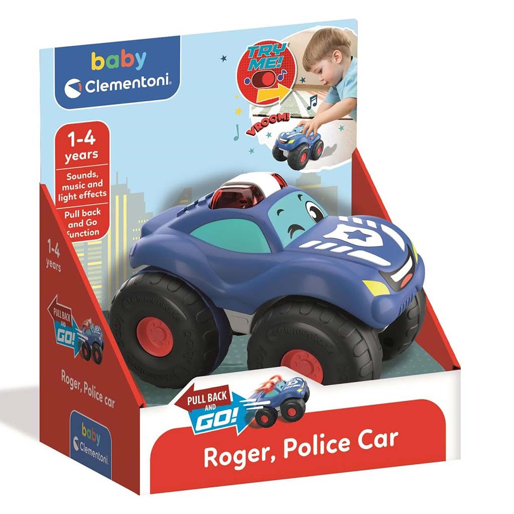 Roger, Rückzieh-Baby-Polizeiauto mit Sound und Licht – Clementoni