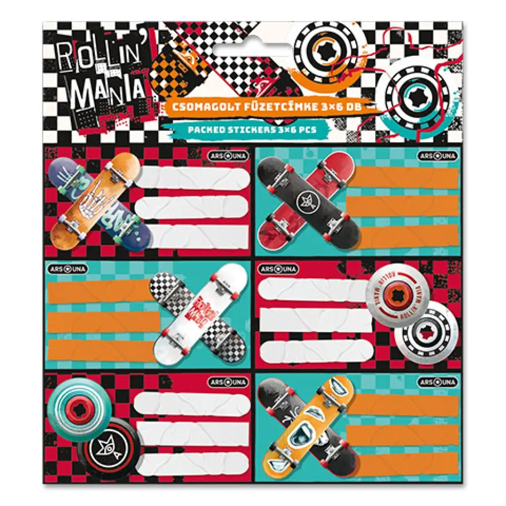 Ars Una: Rollin Mania Rollschuhmuster verpackte Heftetiketten 3x6 Stück