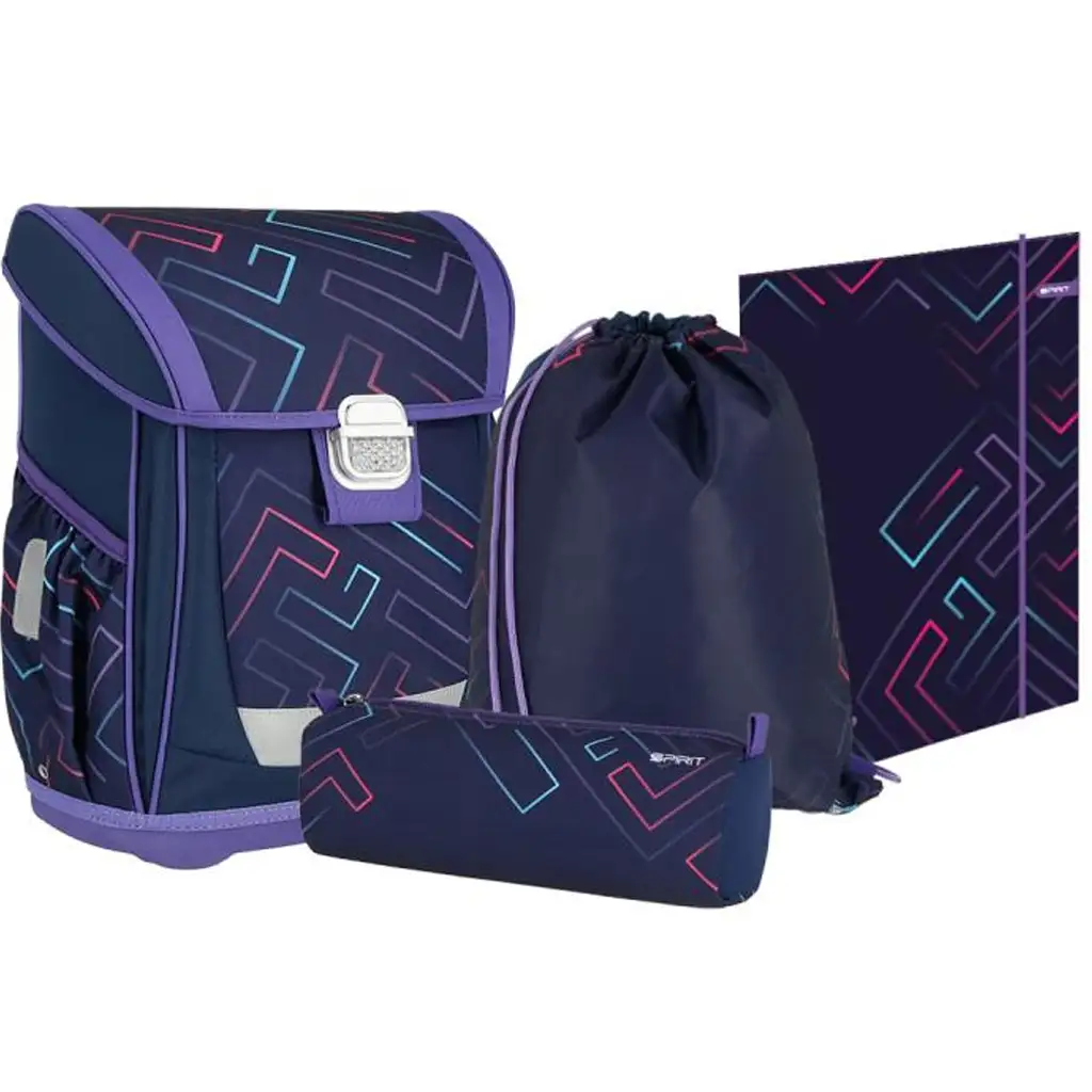 Spirit: Color Lines lila Hintergrund mit bunten Linien Schultasche, Rucksack 4-teiliges Set 41x20x32cm