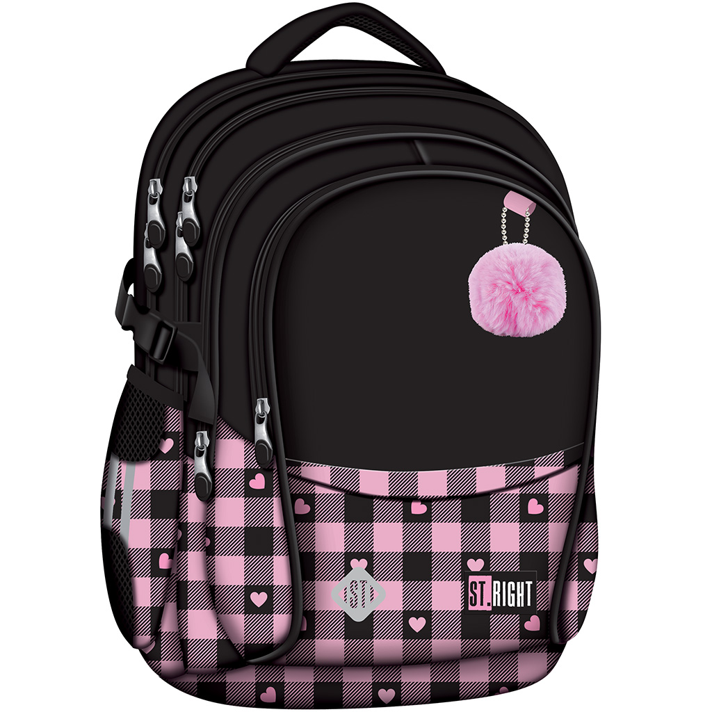 St.Right rosa-schwarzer Schulrucksack mit Herzmuster, Modell BP01, 43x32x21 cm