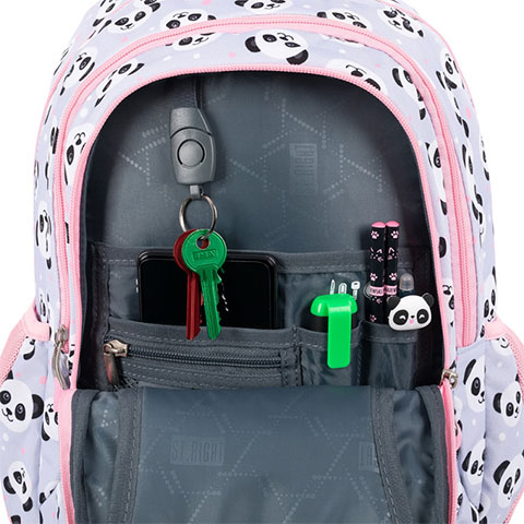 St.Right Grey Panda rosa-grau Pandamuster Schulranzen mit drei Fächern, Rucksack 39x27x17 cm kép 4
