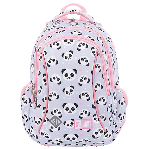 St.Right Grey Panda rosa-grau Pandamuster Schulranzen mit drei Fächern, Rucksack 39x27x17 cm