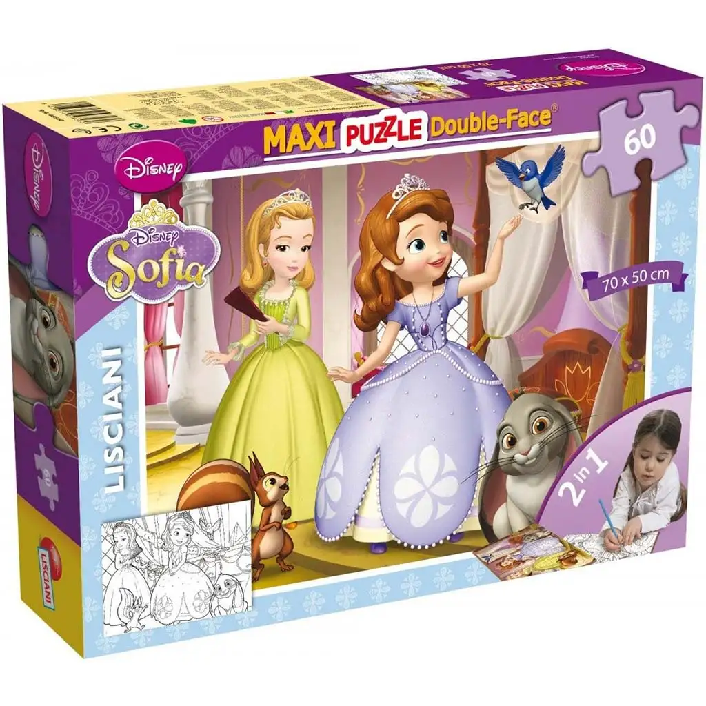 Disney Prinzessin Sofia 2-in-1 Maxi-Puzzle mit 60 Teilen und Malbild 70x50cm – Lisciani