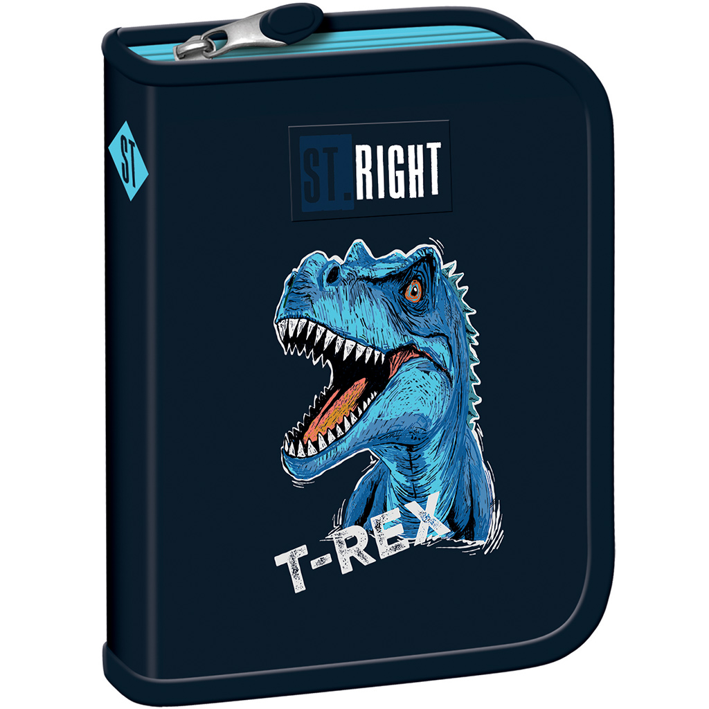 St.Right Blaues Federmäppchen mit T-Rex-Muster zum Aufklappen PC03 20,5x14x3,5cm