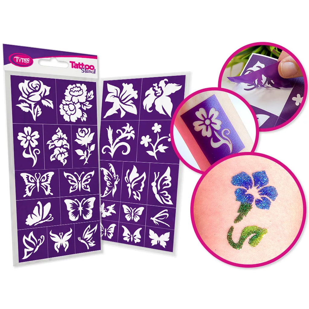 TyToo: Glitzertattoo Schablonen-Set Blumen, 24 Stück
