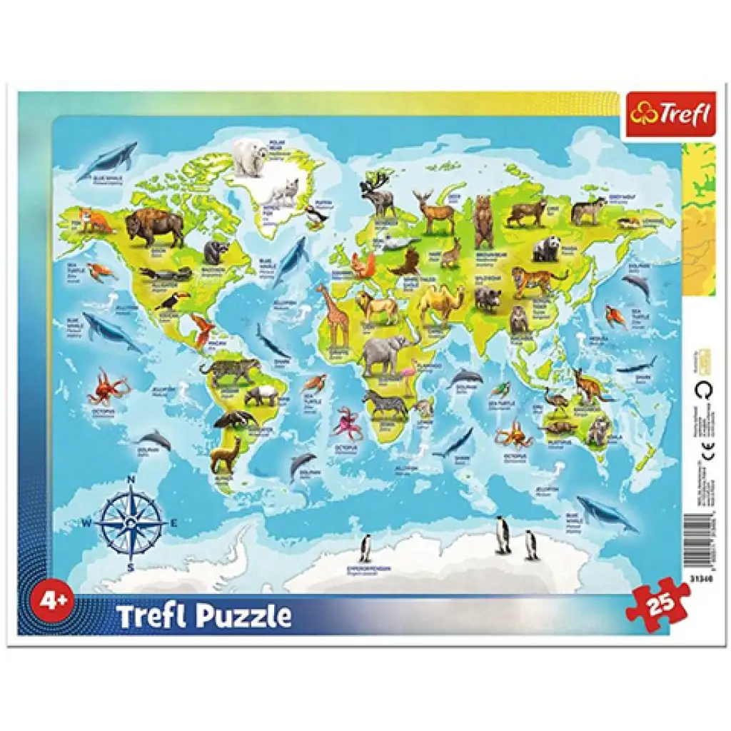 Weltkarte mit Tieren 25-teiliges Rahmenpuzzle - Trefl