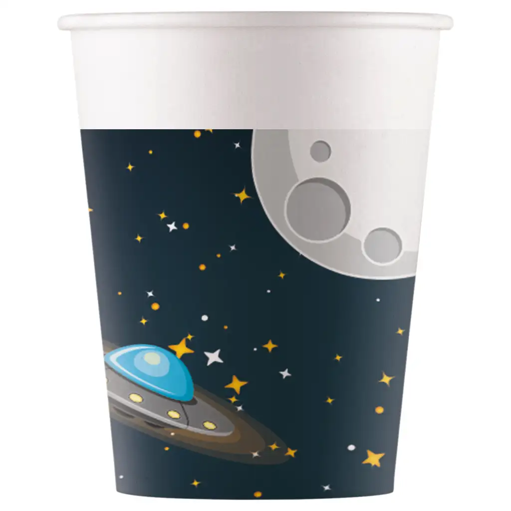 Weltraumabenteuer Pappbecher mit Mond- und Untertassenmuster, 8er-Set, 200ml