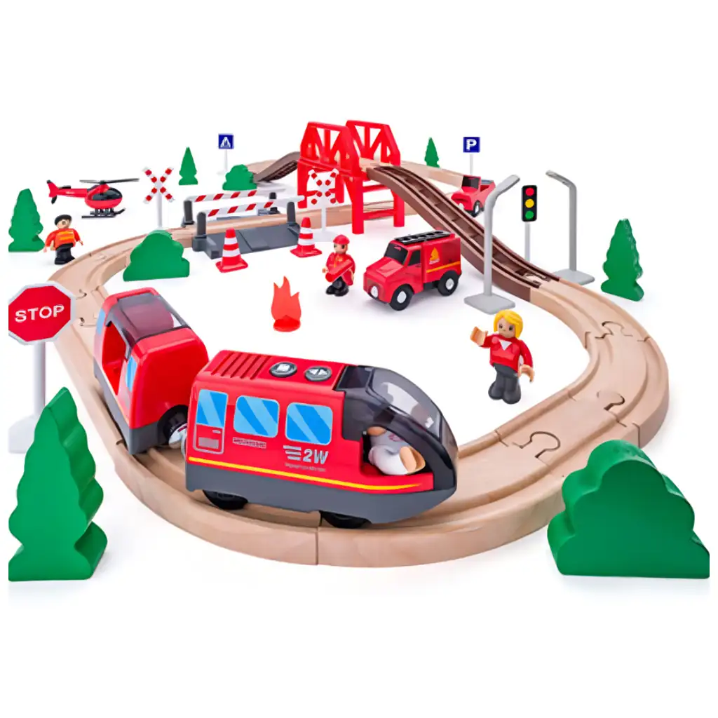 Holzeisenbahn-Set mit Feuerwehrauto und batteriebetriebenem Zug - Woodyland
