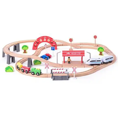 Holzeisenbahn mit batteriebetriebener Lokomotive, 60-teiliges Set - Woodyland kép 2