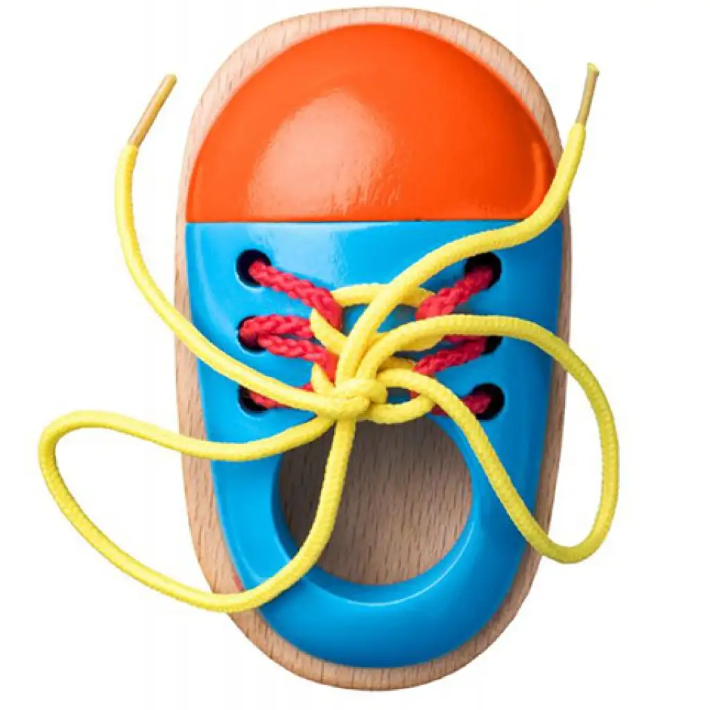 Bunter Holzspielzeug-Schuh mit Schnürsenkel - Woodyland kép 2