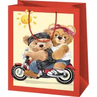 Maci család motorkerékpáron mintás közepes ajándéktáska 18x10x23cm